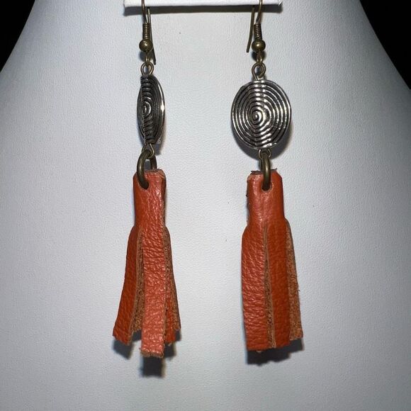 No Brand Jewelry - Boho Silver Tone Swirl and Leather Fringe Dangle Earrings